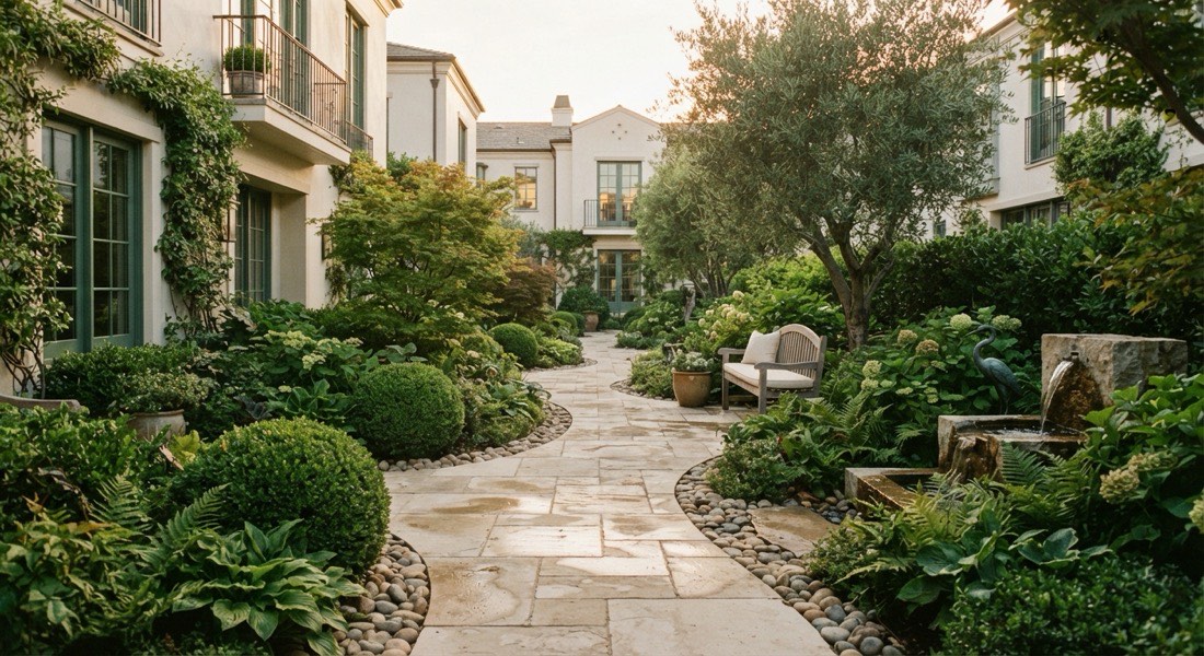 Serene landscaped courtyard garden in a luxury residential development at golden hour