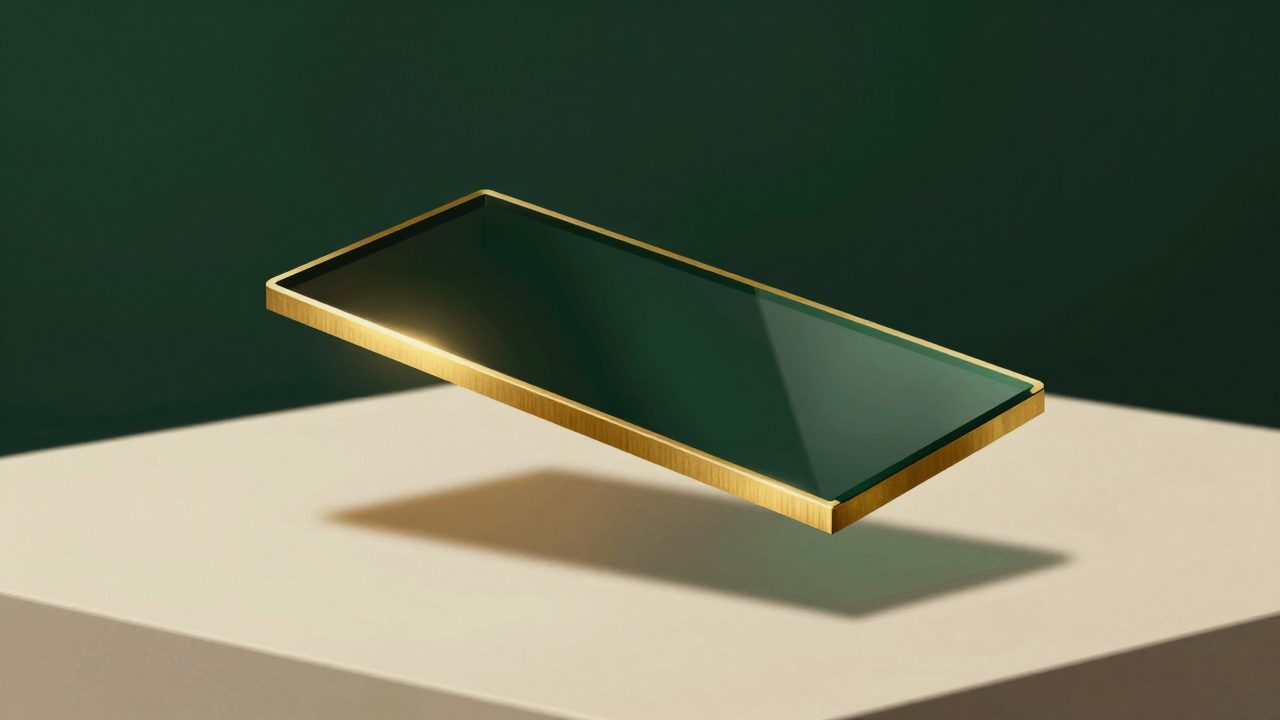Abstract illustration of a thin dark glass shard edged in fine gold, representing a validated e-invoice record